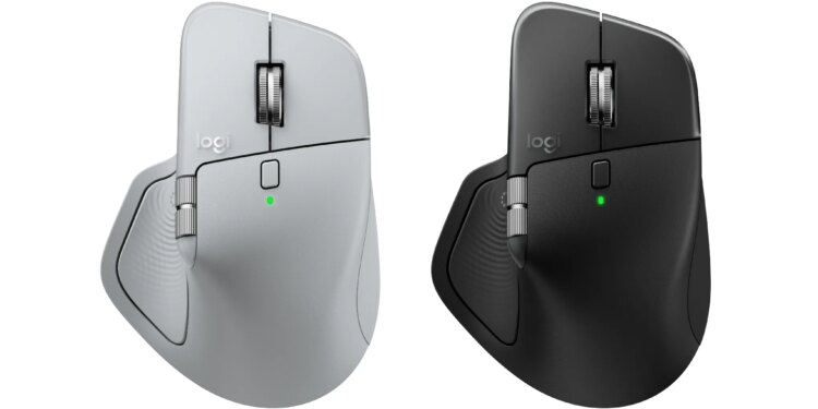 An image that shows a grey and black Logitech MX Master 4 next to each other.