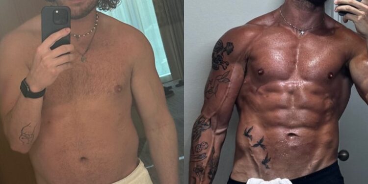 Collage of Shayne Jansen's before and after body transformation on Instagram