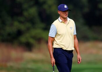 Ludvig Aberg on the 11th green during a practice round of the Ryder Cup golf tournament at Bethpage Black.