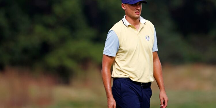 Ludvig Aberg on the 11th green during a practice round of the Ryder Cup golf tournament at Bethpage Black.