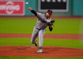 Cleveland Guardians pitcher throwing a baseball.
