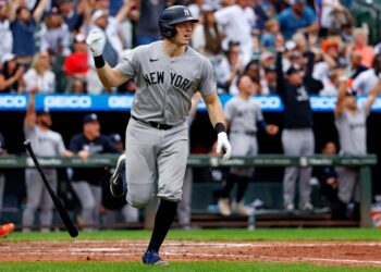 New York Yankees' Ben Rice watches his grand slam in Baltimore.