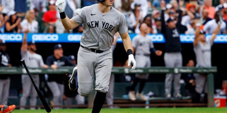 New York Yankees' Ben Rice watches his grand slam in Baltimore.