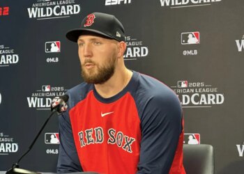 Boston Red Sox pitcher Garrett Crochet speaks at a press conference.