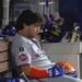 Francisco Alvarez #4 of the New York Mets reacts in the dugout after he grounds out to the catcher during the 9th inning. The Miami Marlins defeat the New York Mets 6-2.