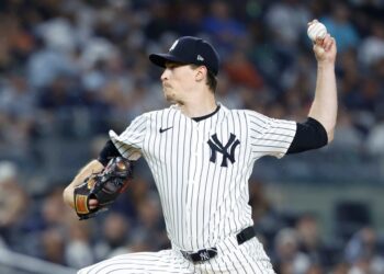 New York Yankees pitcher Max Fried pitching during a game.