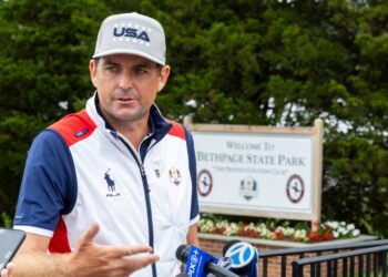 US Ryder Cup captain Keegan Bradley speaks at Bethpage Black on Aug. 18, 2025.
