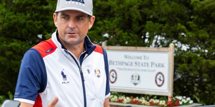 US Ryder Cup captain Keegan Bradley speaks at Bethpage Black on Aug. 18, 2025.