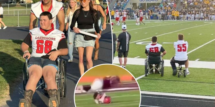 Michigan high school football player Colton Mims reunites with teammates after opponent fractured his spine
