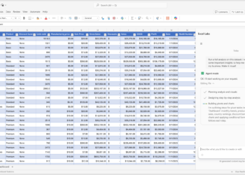 Agent Mode performing tasks inside Excel on the web.