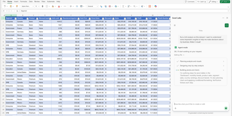 Agent Mode performing tasks inside Excel on the web.