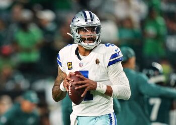 Dallas Cowboys quarterback Dak Prescott warms up before an NFL football game against the Philadelphia Eagles Thursday, Sept. 4, 2025, in Philadelphia.