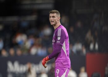New York City goalkeeper Matt Freese (49) reacts during the second half against the Columbus Crew at Yankee Stadium.