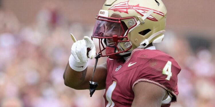 Florida State Seminoles wide receiver Squirrel White (4) reacts after making a catch.