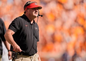 Georgia head coach Kirby Smart looks onto the field.