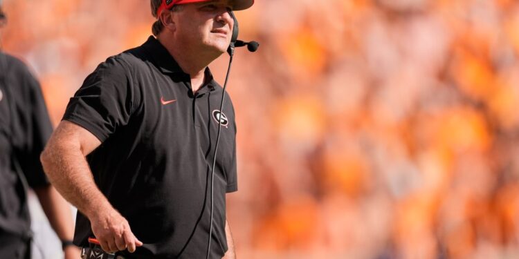 Georgia head coach Kirby Smart looks onto the field.