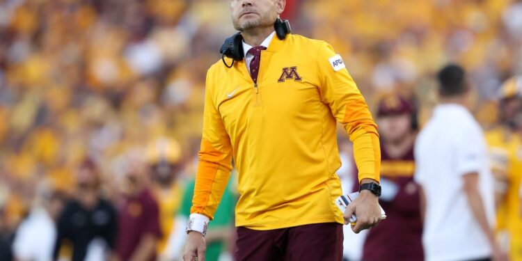 Minnesota Golden Gophers head coach P.J. Fleck at a football game.