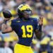 Michigan quarterback Bryce Underwood throwing a football.