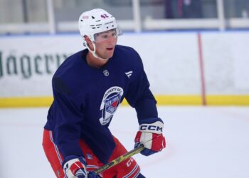 Noah Laba looks on during Rangers practice on July 1, 2025.