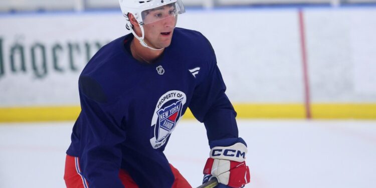 Noah Laba looks on during Rangers practice on July 1, 2025.