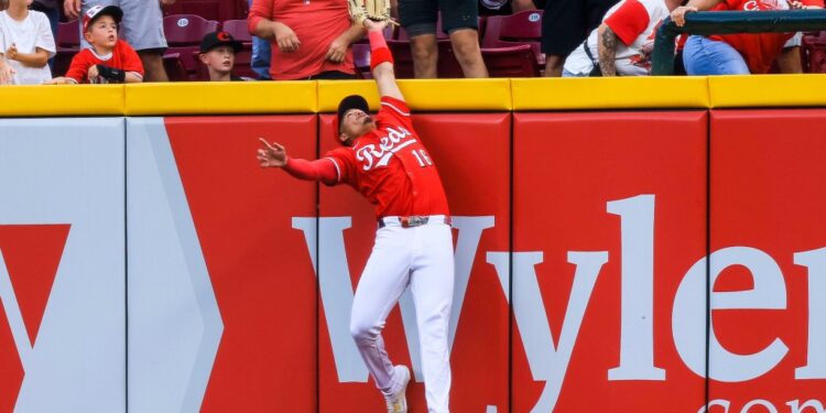 Cincinnati Reds outfielder Noelvi Marte (16) catches a fly out hit by Pittsburgh Pirates outfielder Bryan Reynolds (not pictured) in the ninth inning at Great American Ball Park.