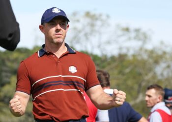Rory McIlroy of Team Europe celebrates after winning his morning Four-Ball match during the Ryder Cup at Bethpage Black Golf Course in Farmingdale, N.Y. on Saturday, Sept. 27, 2025.