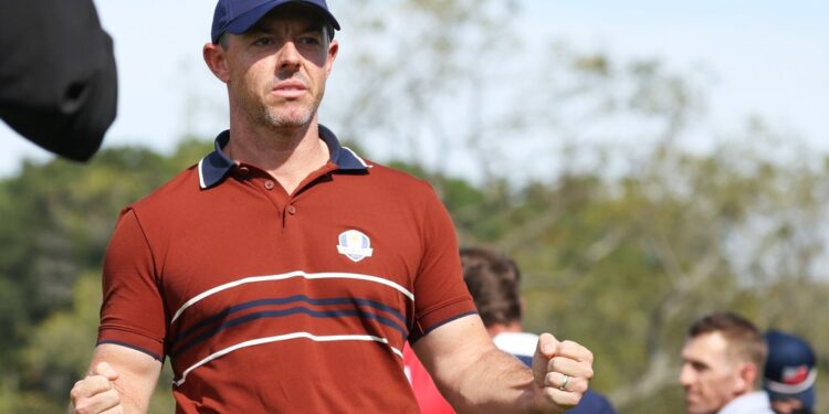 Rory McIlroy of Team Europe celebrates after winning his morning Four-Ball match during the Ryder Cup at Bethpage Black Golf Course in Farmingdale, N.Y. on Saturday, Sept. 27, 2025.