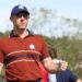 Rory McIlroy of Team Europe celebrates after winning his morning Four-Ball match during the Ryder Cup at Bethpage Black Golf Course in Farmingdale, N.Y. on Saturday, Sept. 27, 2025.