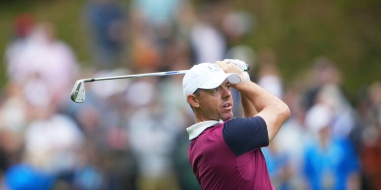 Europe's Rory McIlroy playing on the fifth hole during a practice round at the Ryder Cup.