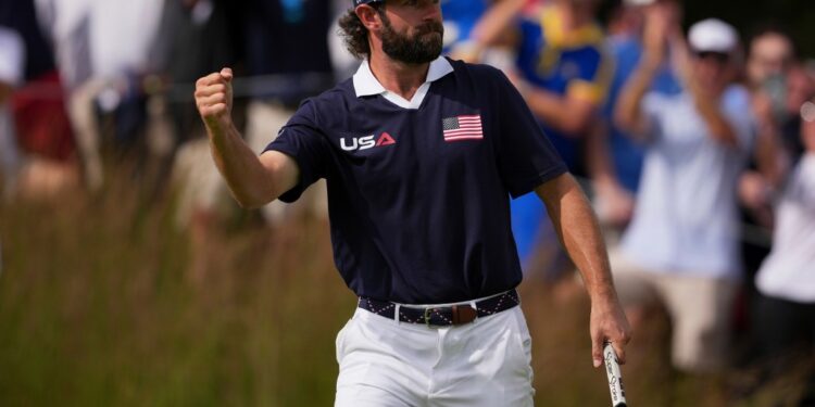 Team USA's Cameron Young celebrates after a putt on the seventh hole during the Ryder Cup at Bethpage Black on Saturday, Sept. 27, 2025, in Farmingdale, N.Y.