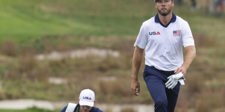 Sam Burns walks up the 18th green during his Ryder Cup practice round on Sept. 25, 2025.