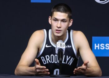 Nets' lottery pick Egor Dëmin talks with the media on Sept. 23, 2025, the day before the Nets' training camp begins.