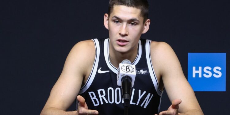 Nets' lottery pick Egor Dëmin talks with the media on Sept. 23, 2025, the day before the Nets' training camp begins.