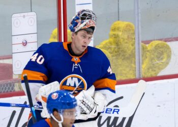 Islanders goaltender Semyon Varlamov (40) looks on during practice at the Northwell Health Ice Center, Thursday, Sept. 19, 2024, in East Meadow, NY.
