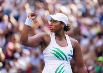 Taylor Townsend reacts during her match against Barbora Krejcikova (CZE) in the fourth round in Louis Armstrong Stadium on day 8 at the 2025 US Open Tennis Championship at the USTA Billie Jean King National Tennis Center, Sunday, Aug. 31, 2025, in Queens, NY.