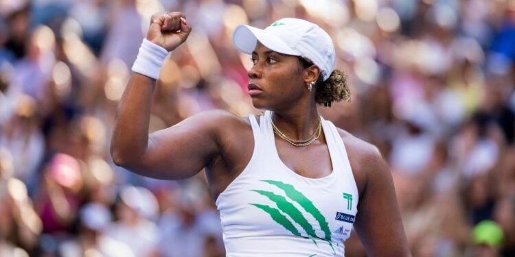 Taylor Townsend reacts during her match against Barbora Krejcikova (CZE) in the fourth round in Louis Armstrong Stadium on day 8 at the 2025 US Open Tennis Championship at the USTA Billie Jean King National Tennis Center, Sunday, Aug. 31, 2025, in Queens, NY.