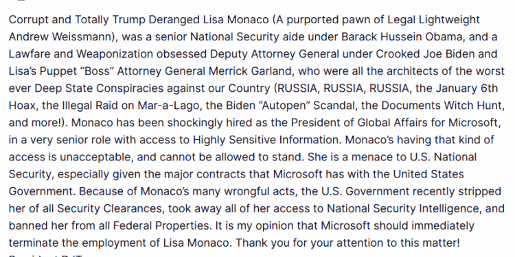 Trump’s new target: Microsoft head of global affairs Lisa Monaco