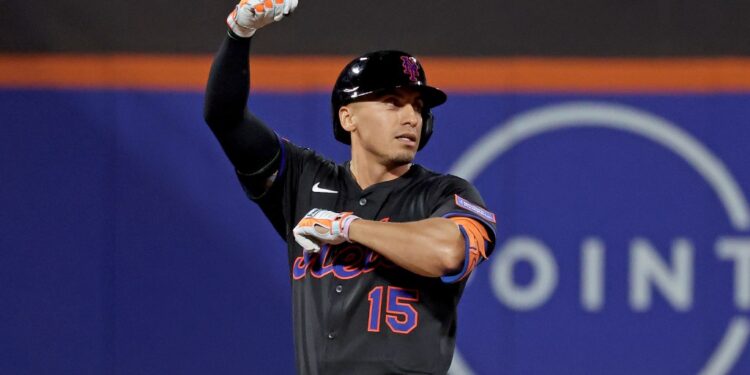 New York Mets outfielder Tyrone Taylor (15) reacts after he hits a two-run RBI double during the second inning when the New York Mets played the Miami Marlins Friday, August 29, 2025 at Citi Field in Queens, NY.
