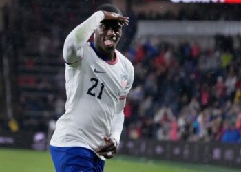 United States' Tim Weah celebrates after scoring during the second half in a CONCACAF Nations League quarterfinal second leg soccer match against Jamaica Monday, Nov. 18, 2024, in St. Louis.