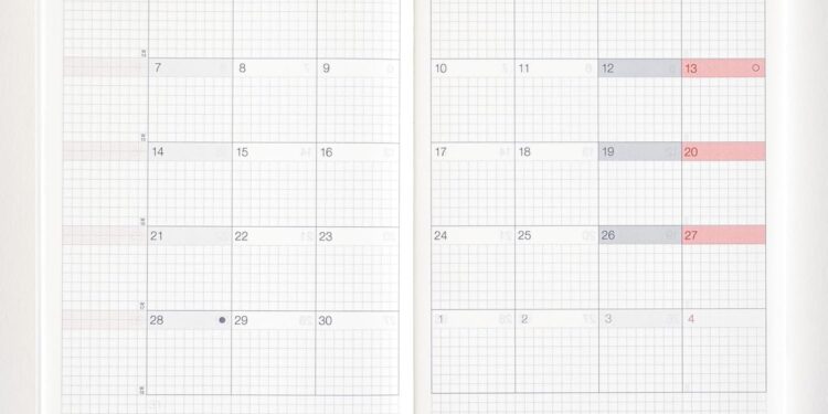 Open daybook showing days of the week