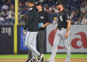 An umpire checks Tyler Gilbert's glove during the fifth inning of the Yankees' 5-3 win over the White Sox on Sept. 25, 2025.