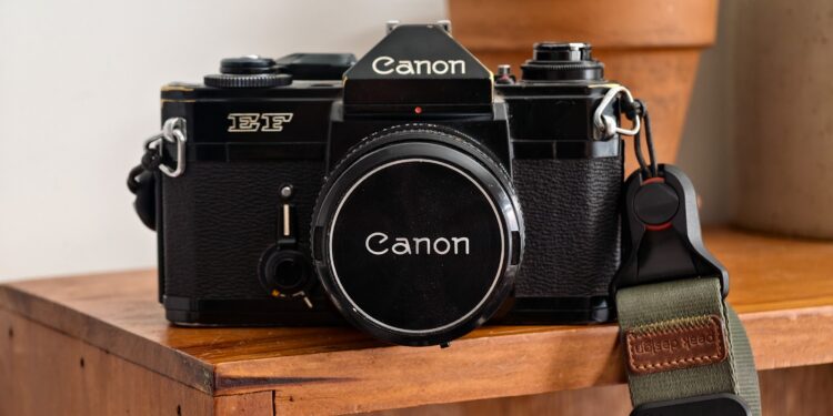 Photo of a Canon EF film camera sitting on a wooden shelf