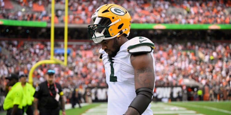 Green Bay Packers' Micah Parsons walks off the field after an NFL football game against the Cleveland Browns Sunday, Sept. 21, 2025, in Cleveland.