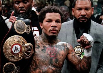 Gervonta Davis poses after championship boxing bout in New York.