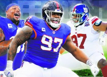 New York Giants defensive tackle Dexter Lawrence seen in three different poses.