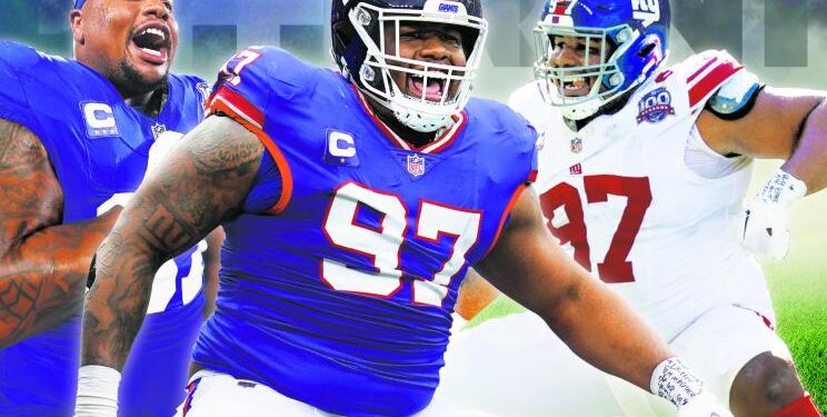 New York Giants defensive tackle Dexter Lawrence seen in three different poses.