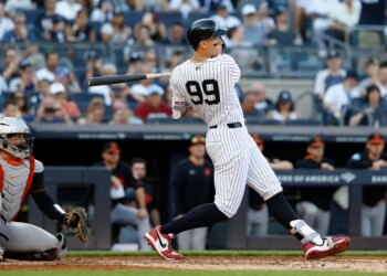 New York Yankees right fielder Aaron Judge singles against the Baltimore Orioles.