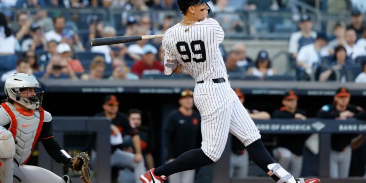 New York Yankees right fielder Aaron Judge singles against the Baltimore Orioles.