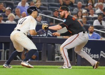 Anthony Volpe, who has played better recently since receiving a cortisone shot on his left shoulder, gets thrown out in a rundown after  trying to steal home in  the sixth inning of the Yankees' 8-4 win over the Orioles on Sept. 26, 2025.