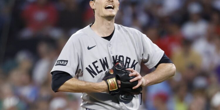 Max Fried, who picked up his 17th win, celebrates after getting out of the fifth inning in the Yankees' 5-3 win over the Red Sox at Fenway Park on Sept. 13, 2025.